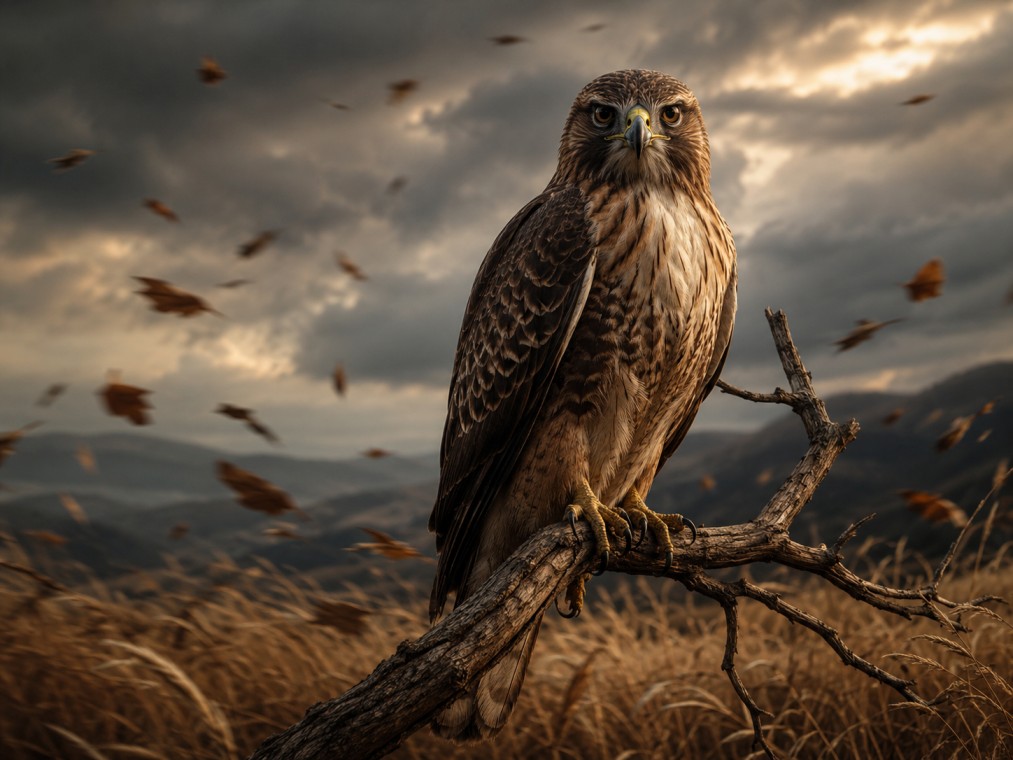 A hawk perched on a branch, perfectly still, eyes locked on something far below.