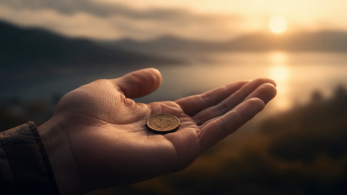 A single copper coin resting in an open palm, lit by warm light.