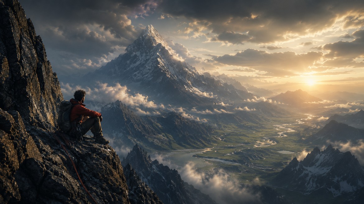 A climber sitting halfway up a mountain, watching the sunset over the valley below.