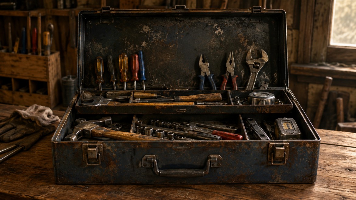 An open, well-worn toolbox on a workbench — tools used and put back, each one chosen for a purpose.