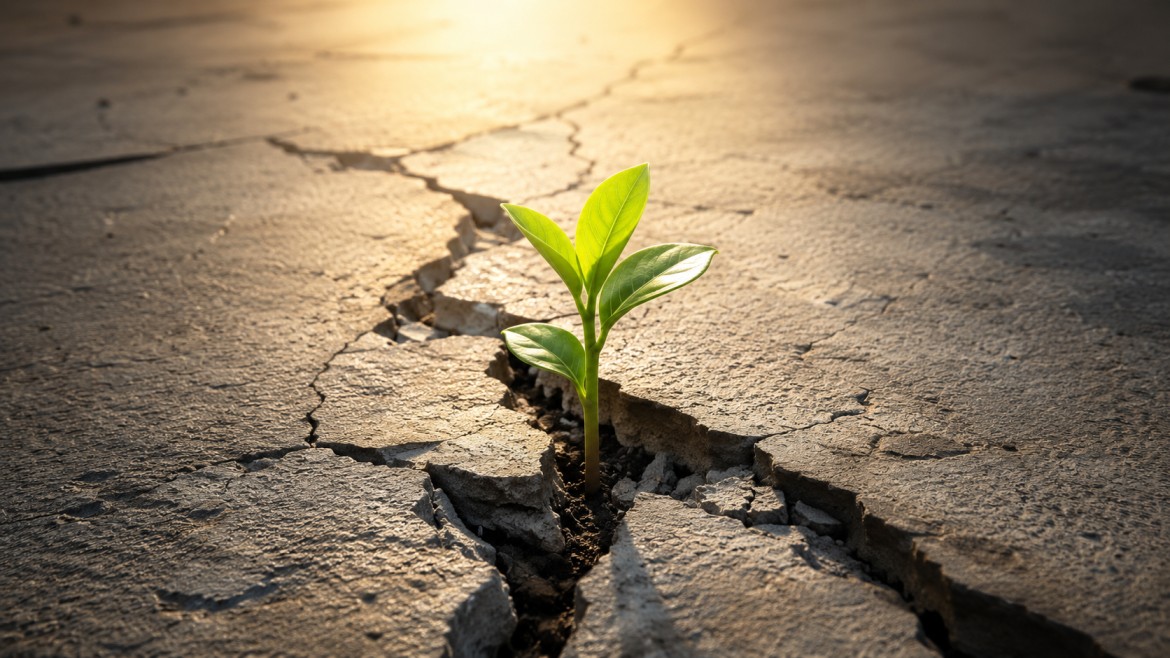 A small green plant pushing up through a wide crack in dry, cracked concrete.